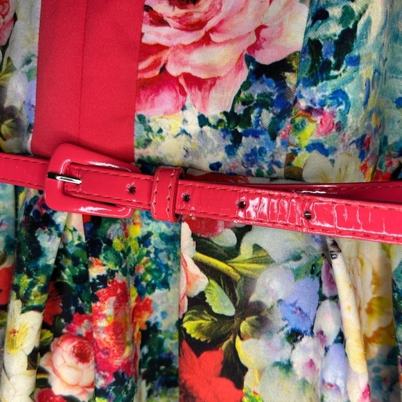 Rabbit Rabbit Rabbit Floral Pink Trim Belted Dress Size 16P Cottagecore Summer - Picture 6 of 10